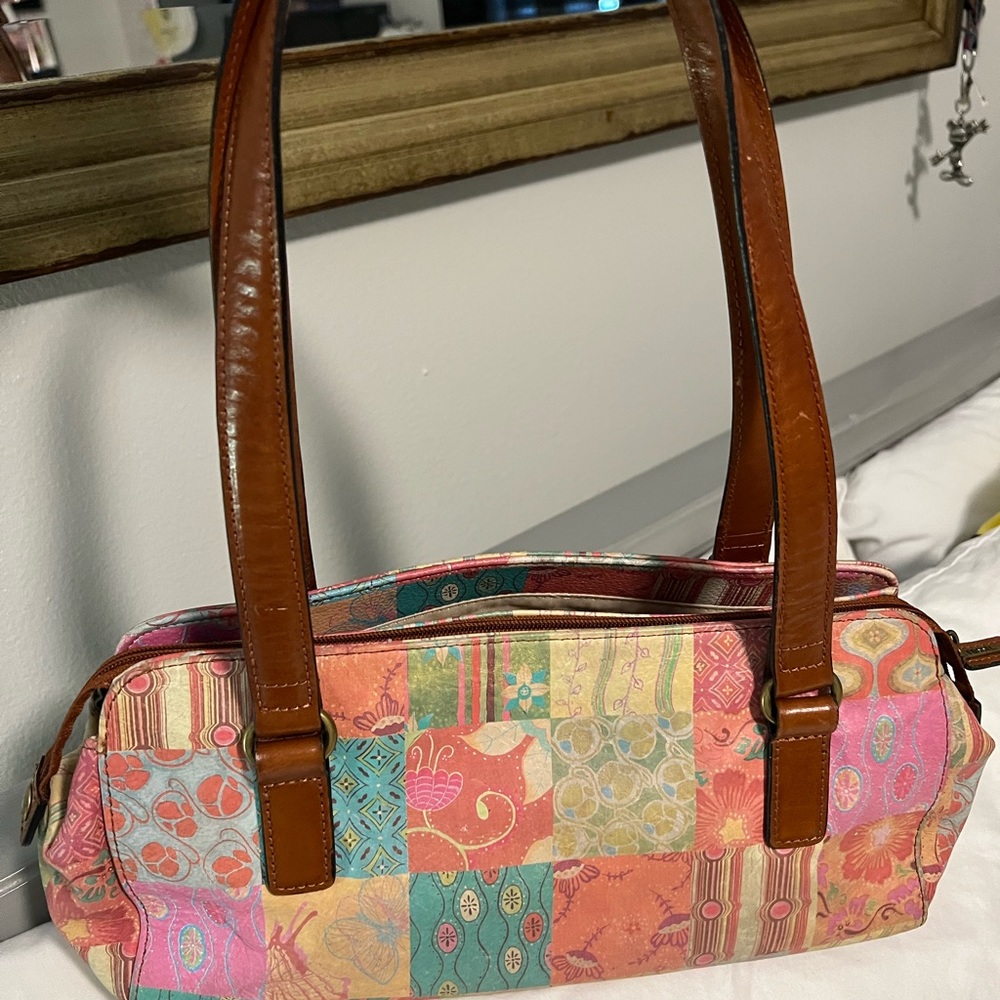 Vintage Fossil Patchwork Handbag Shoulder Bag Brown Leather Multicolor Tapestry